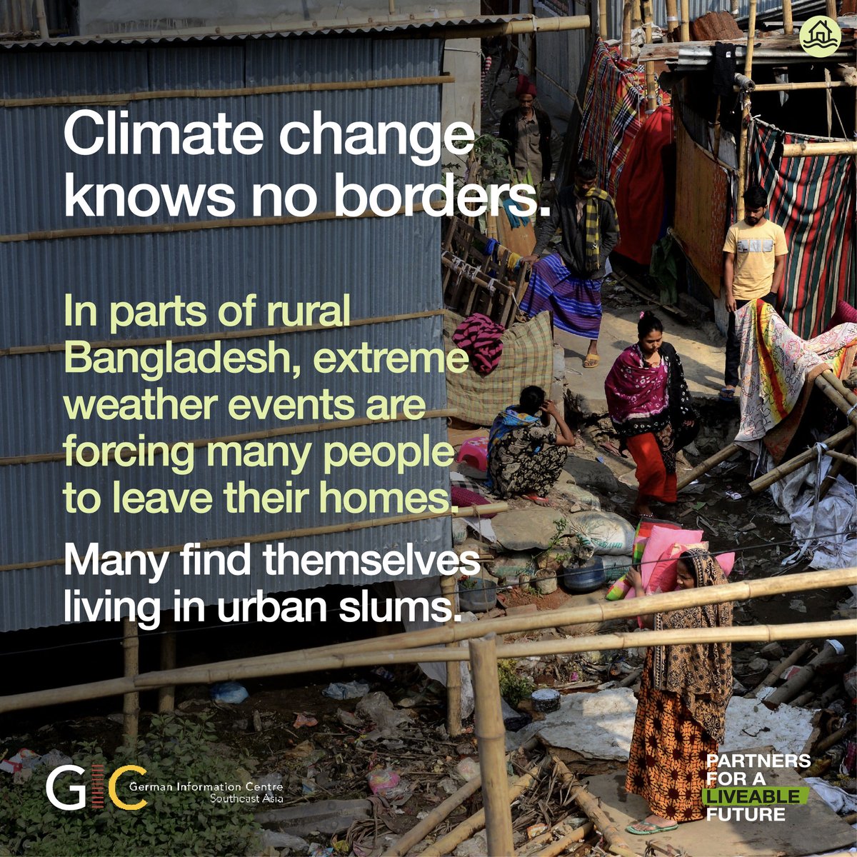 GermanyInSEAsia's tweet photo. #ClimateChange causes migration in the #IndoPacific. In 🇧🇩, the 6M climate migrants who have relocated still face poverty & unemployment in new cities.
🇩🇪 @giz_gmbh climate migration project aims to improve the living conditions of urban migrants in 46 slums. #LiveableFuture