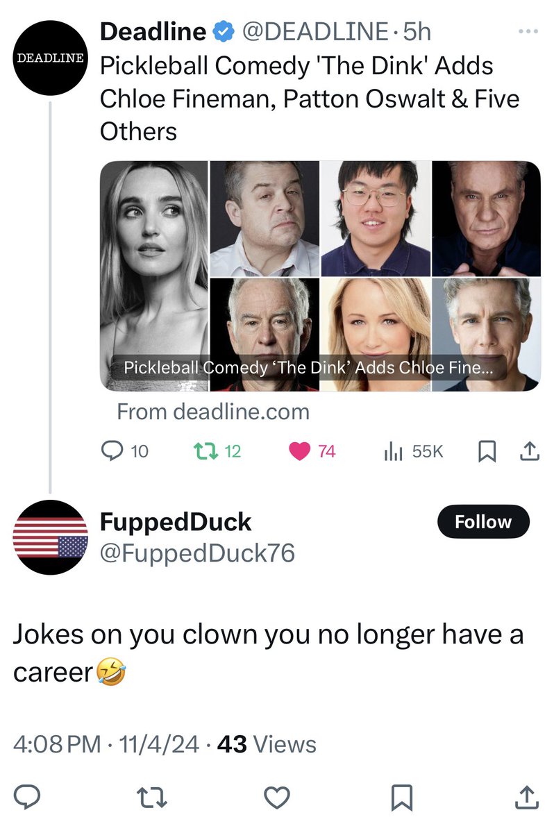 Patton Oswalt (@pattonoswalt) on Twitter photo Aw man, <a href="/FuppedDuck76/">FuppedDuck</a>’s response to my Tweet is right. If I could just get cast in a movie I could turn this slump around. Aw man, <a href="/FuppedDuck76/">FuppedDuck</a>’s response to my Tweet is right. If I could just get cast in a movie I could turn this slump around.