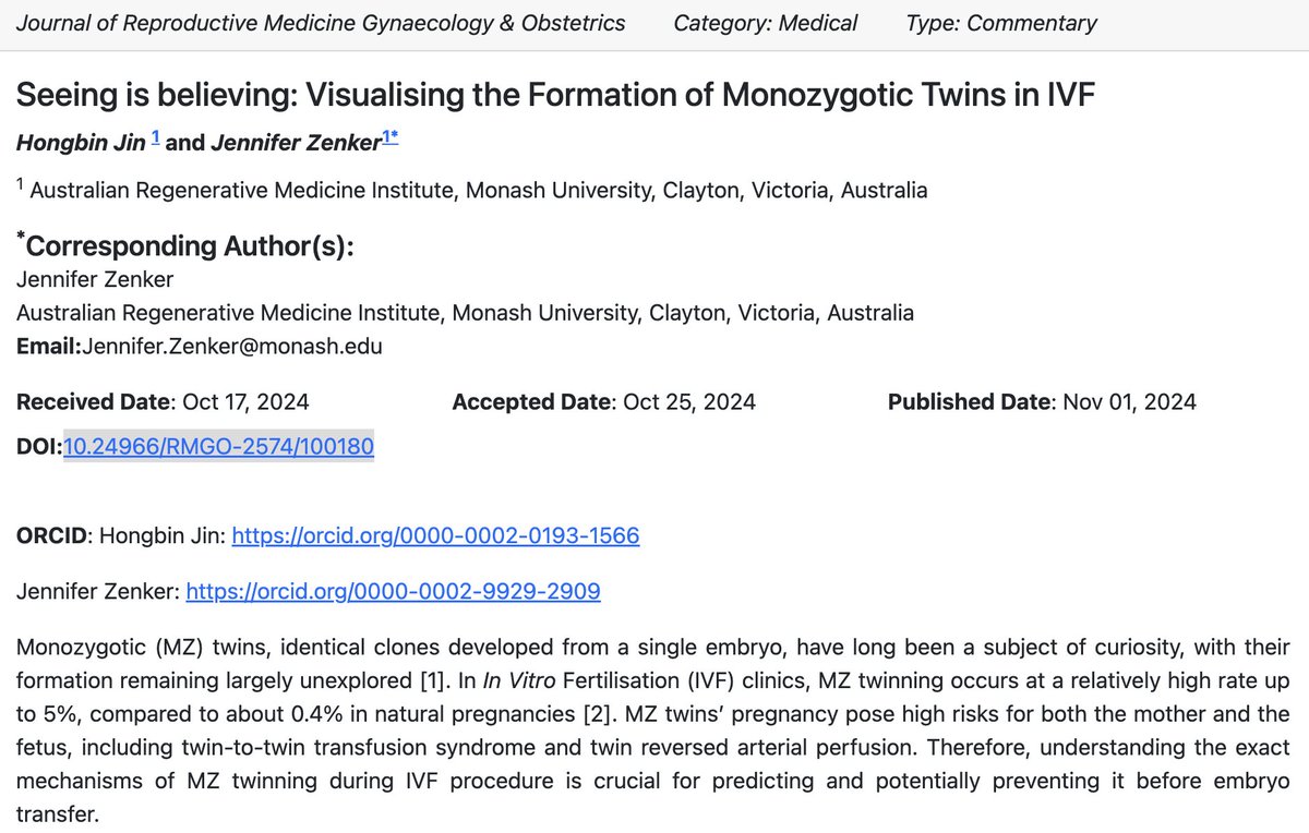 If the development of one #embryo is not fascinating enough, what about two at the same time? A new commentary by our lab led by <a href="/jin_hongbin/">Hongbin Jin</a> on monozygotic #twins is now published in <a href="/heraldopenacces/">Herald Scholarly Open Access🇺🇸</a>:   
heraldopenaccess.us/openaccess/see…