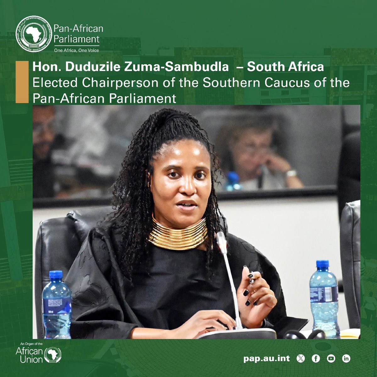 AfrikParliament's tweet photo. Hon Duduzile Zuma-Sambudla has been elected the new Chairperson of the Southern Caucus of the Pan-African Parliament (PAP). The PAP Rules of Procedure provide for each of the five geographical regions to form a regional caucus composed of its members. The regional caucuses are established by Rule 83 of the Rules of Procedure. They consist of all the Members from that region.