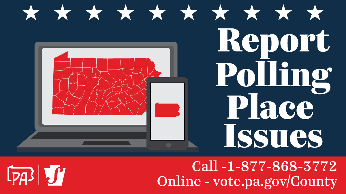 PAStateDept's tweet photo. Report issues at your polling place or ballot drop-off location to your county elections office:  

💻 Online – https://t.co/nh3GWgk0sE  
📞 Call – 1-877-868-3772  
⚠️ File a complaint – https://t.co/kwzUtTXsXv

#ReadytoVotePA https://t.co/MzrWUQU9N1