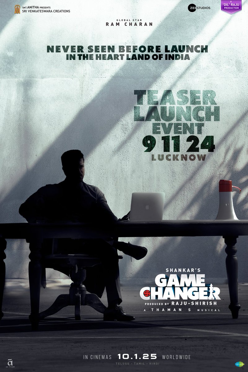 Sri Venkateswara Creations (@svc_official) on Twitter photo Ready, Set... Command 😎
Get ready for #GameChanger ‘s charge in Lucknow ❤️🔥🧨
#GameChangerTeaser launch event on 9th NOVEMBER in Lucknow, UP.
#GameChanger takes charge in theatres on JAN 10th ❤️🔥
Global Star <a href="/AlwaysRamCharan/">Ram Charan</a> <a href="/shankarshanmugh/">Shankar Shanmugham</a> <a href="/advani_kiara/">Kiara Advani</a> <a href="/iam_SJSuryah/">S J Suryah</a> Ready, Set... Command 😎
Get ready for #GameChanger ‘s charge in Lucknow ❤️🔥🧨
#GameChangerTeaser launch event on 9th NOVEMBER in Lucknow, UP.
#GameChanger takes charge in theatres on JAN 10th ❤️🔥
Global Star <a href="/AlwaysRamCharan/">Ram Charan</a> <a href="/shankarshanmugh/">Shankar Shanmugham</a> <a href="/advani_kiara/">Kiara Advani</a> <a href="/iam_SJSuryah/">S J Suryah</a>