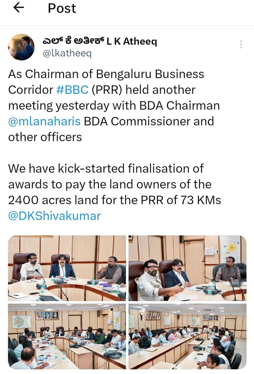 Maheshbr4U's tweet image. #Karnataka Govt has taken a Major step towards implementing #Bengaluru #Peripheral Ring Road/ #business corridor (#BBC) by appointing reputed #IAS officer @lkatheeq, who is currently ACS to @CMofKarnataka&amp;amp; I/c #Finance department.he has kickstarted with a meeting on compensation.