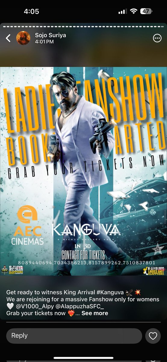 sfc_dileep's tweet photo. Get ready to witness King Arrival #Kanguva 🦅💥
We are rejoining for a massive Fanshow only for womens 🤍 @V1000_Alpy @AlappuzhaSFC_ 
Grab your tickets now ❤️‍🔥 

@AKSFWA1 @Suriya_offl @rajsekarpandian @StudioGreen2 https://t.co/atvK9pLCx8