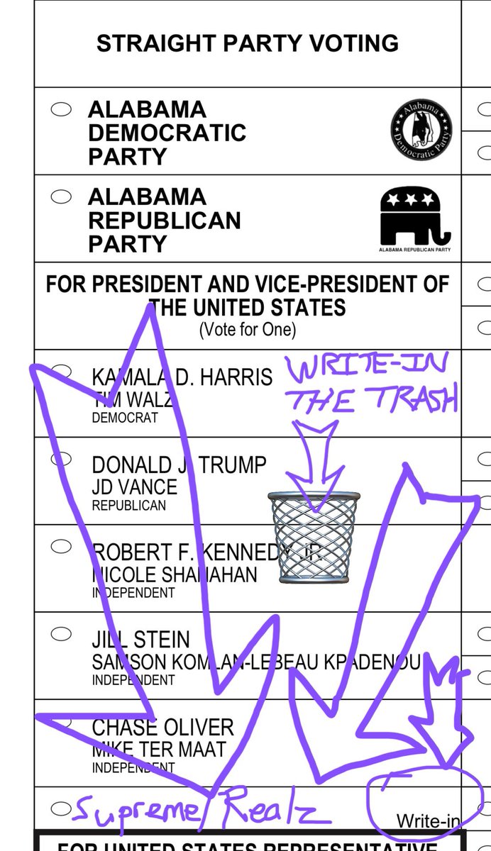 Danny4Anarchy's tweet image. As you prepare to vote, remember not to waste your vote on the lesser evil, or some random “independent.” Instead, throw your vote #RightInTheTrash #WriteInTheTrash #WriteIn #SupremeRealz. This is the most important election of your lifetime. Don’t waste your vote!
#ALpolitics