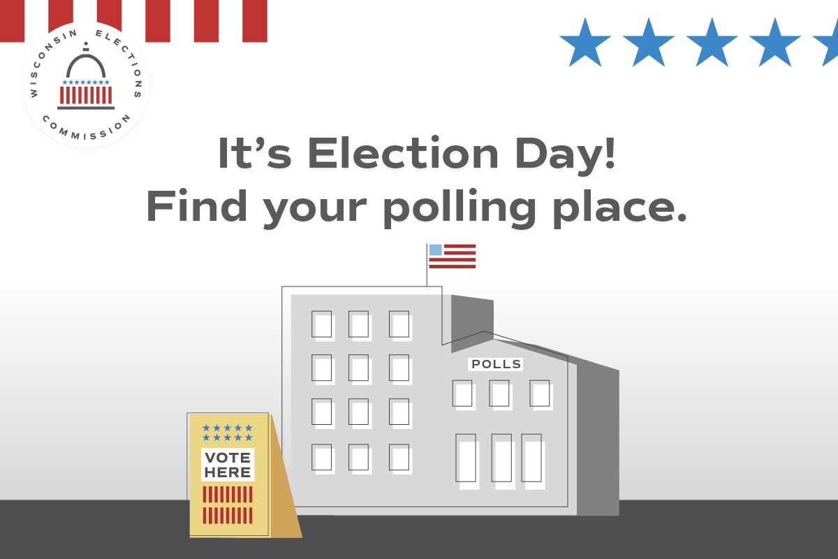 WI_Elections's tweet image. It’s Election Day! All polling places in Wisconsin will be open from 7 a.m. until 8 p.m. Find your polling place at MyVote.wi.gov/en-us/FindMyPo…