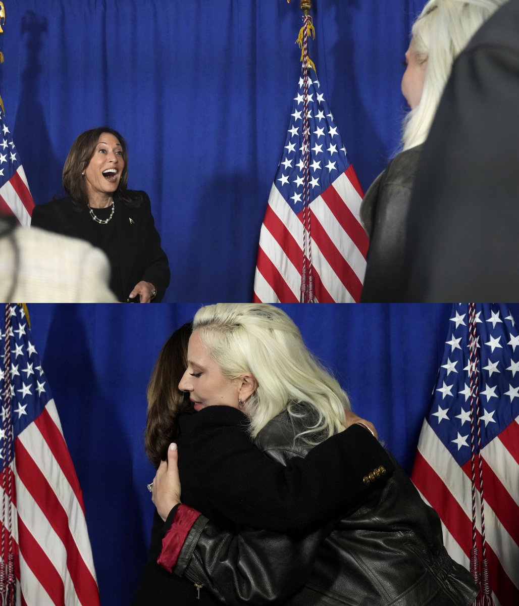 allurequinn's tweet image. lady gaga and kamala harris hugging each other at her rally in philadelphia.