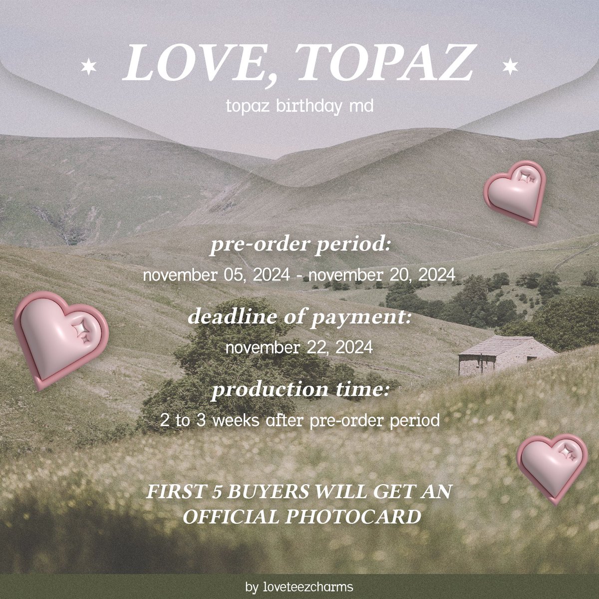 loveteezcharms's tweet image. love, topaz keyrings 𝜗𝜚

     › pre-order open .ᐟ

𓂋 doo: 11/20
𓂋 dop: 11/22
𓂋 eta: 2 to 3 weeks after dop
𓂋 loveteezcharms.carrd.co

     › order here: cognitoforms.com/LoveTeez/LOVET…

✶ wts lfb ateez ph ww hongjoong wooyoung keyring