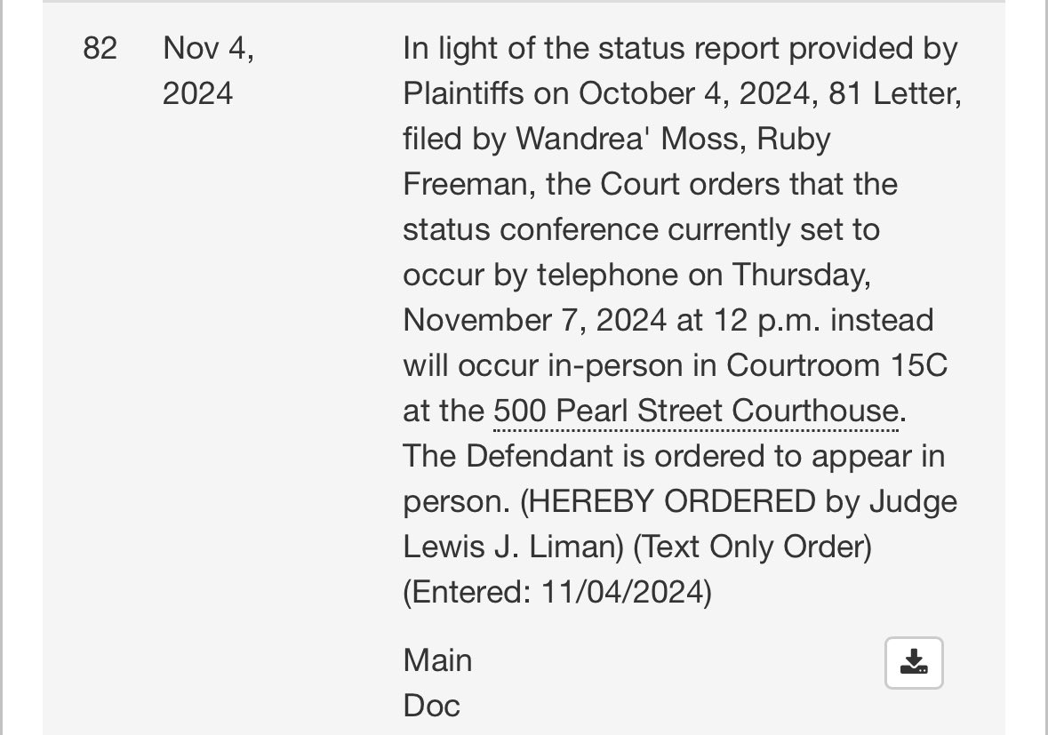 kyledcheney's tweet image. JUST IN: Ruby Freeman and Shaye Moss say they think Rudy Giuliani is hiding his property from them in violation of court orders (left). Now the judge in their case is demanding Rudy show up in person for a hearing Thursday (right).