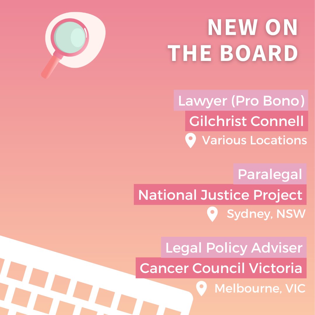 Check out some of the exciting new opportunities featured on our jobs board this week👇

- Gilchrist Connell, various locations
<a href="/NJP_Au/">National Justice Project</a>, Sydney, NSW
<a href="/CancerVic/">Cancer Council Victoria</a>, Melbourne, VIC  

Click here to find out more: sjopps.net.au.