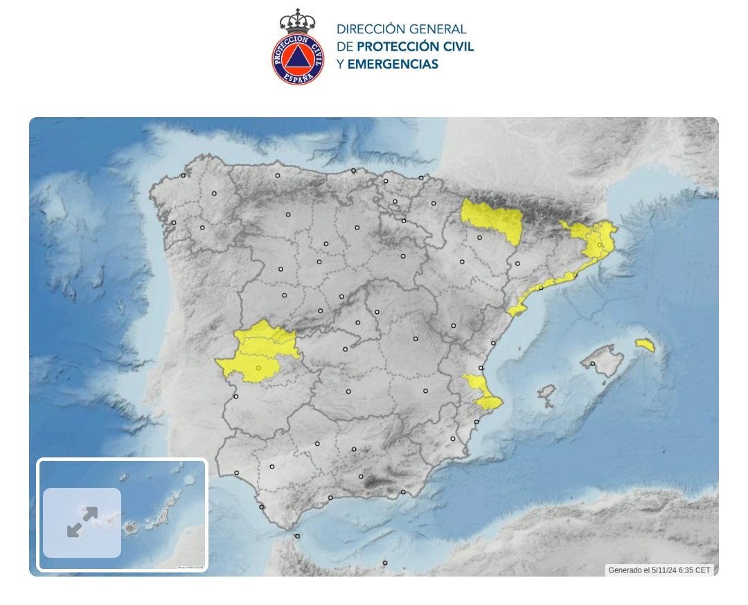 Protección Civil (@proteccioncivil) on Twitter photo Alertas 🟨hoy martes 5 de noviembre en #Aragón #Catalunya #Valencia #Baleares y #Extremadura por 🌧
Y ⛈️🟨en Cataluña
👉Permanece informado de la evolución de los avisos en la RAN ran-vmap.proteccioncivil.es
<a href="/proteccioncivil/">Protección Civil</a> <a href="/interiorgob/">Ministerio del Interior</a> Alertas 🟨hoy martes 5 de noviembre en #Aragón #Catalunya #Valencia #Baleares y #Extremadura por 🌧
Y ⛈️🟨en Cataluña
👉Permanece informado de la evolución de los avisos en la RAN ran-vmap.proteccioncivil.es
<a href="/proteccioncivil/">Protección Civil</a> <a href="/interiorgob/">Ministerio del Interior</a>