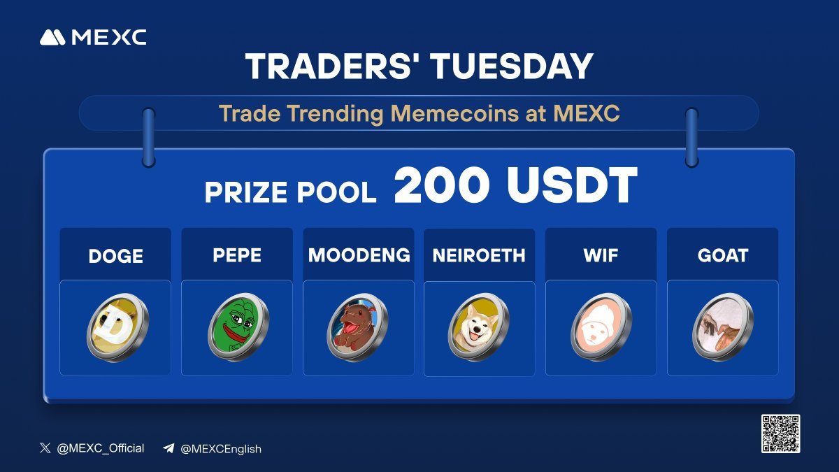 🚀Trade any of these hot #memecoins (Spot & Futures) on #MEXC for a chance  to share 200 USDT! 🔥Participating Trading Pairs: $DOGE, $PEPE, #MOODENG,  #NEIROETH, $WIF, $GOAT 1️⃣Follow MEXC on X,💙 and