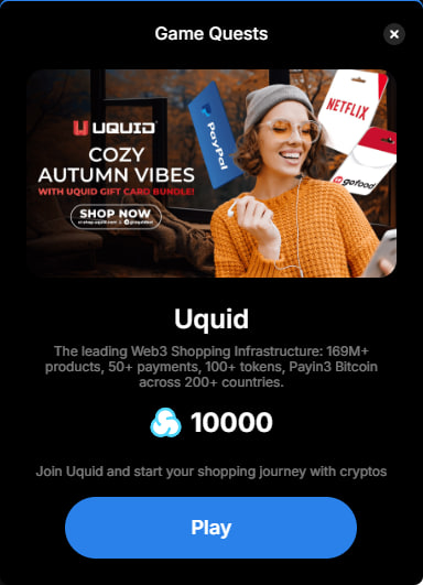 cottondotgame's tweet photo. 🛒New Game Quest Alert! 🔥

Join @uquidcard &amp; dive into the leading Web3 shopping experience with access to 170M+ products, 50+ payment options, 100+ tokens, and crypto-friendly shopping across 200+ countries! 🌍

Complete the quest to earn 10,000 $Cotton
https://t.co/7G5H0G4TQL https://t.co/TA0YVfEN4Q