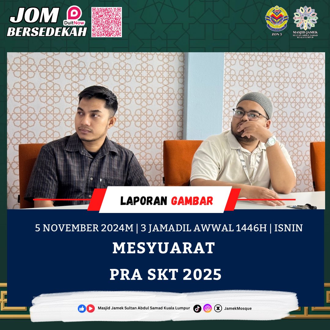 jamekmosque's tweet photo. 𝟱 𝗡𝗢𝗩𝗘𝗠𝗕𝗘𝗥 𝟮𝟬𝟮𝟰 : 𝗠𝗘𝗦𝗬𝗨𝗔𝗥𝗔𝗧 𝗣𝗥𝗔 𝗦𝗞𝗧 𝟮𝟬𝟮𝟱

Pada 5 November 2024 jam 10.15 pagi telah diadakan Mesyuarat Pra-Sasara Kerja Tahunan 2025 (SKT).  #SKT #masjidjamek #Masjidjamekkl #jamekmosque https://t.co/RmKViBlW6m