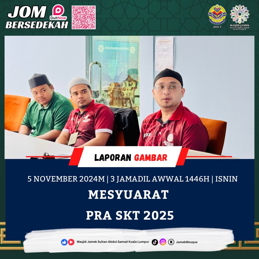 jamekmosque's tweet photo. 𝟱 𝗡𝗢𝗩𝗘𝗠𝗕𝗘𝗥 𝟮𝟬𝟮𝟰 : 𝗠𝗘𝗦𝗬𝗨𝗔𝗥𝗔𝗧 𝗣𝗥𝗔 𝗦𝗞𝗧 𝟮𝟬𝟮𝟱

Pada 5 November 2024 jam 10.15 pagi telah diadakan Mesyuarat Pra-Sasara Kerja Tahunan 2025 (SKT).  #SKT #masjidjamek #Masjidjamekkl #jamekmosque https://t.co/RmKViBlW6m