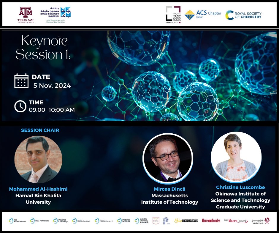 Mohammed Al-Hashimi, PhD, FRSC (@moalhashimi) on Twitter photo 🌅 Day 3 at the 1st #ACSQatar/#RSC Conference & our final keynote session is here!
🔹 <a href="/DincaGroup/">Mircea Dincă</a> (MIT): High Capacity, Long Lasting, Fast Charging Organic Cathodes for Metal-Ion Batteries
🔹 <a href="/luscombe_OIST/">Christine Luscombe</a> (OIST): Unveiling Hidden Potentials in Semiconducting Polymers 🌅 Day 3 at the 1st #ACSQatar/#RSC Conference & our final keynote session is here!
🔹 <a href="/DincaGroup/">Mircea Dincă</a> (MIT): High Capacity, Long Lasting, Fast Charging Organic Cathodes for Metal-Ion Batteries
🔹 <a href="/luscombe_OIST/">Christine Luscombe</a> (OIST): Unveiling Hidden Potentials in Semiconducting Polymers