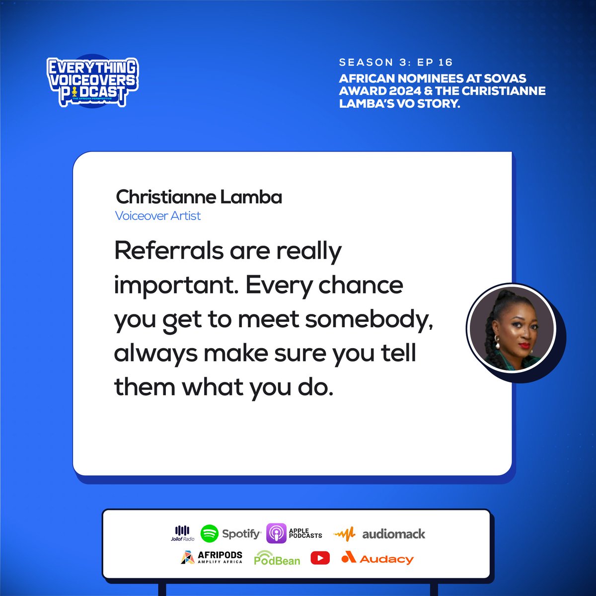 EverythingVOs's tweet photo. Here are some insightful quotes from the last episode ft Christianne Lamba.

You can still listen now! S3E16 🎙️
https://t.co/8Et0oijxvc
Host and co-host @tcode_70
Serah Johnson 
#voiceovers #christiannelamba  #voiceactors #voiceacting #voiceoverpodcast #everythingvoiceovers https://t.co/VwTHy5SebK