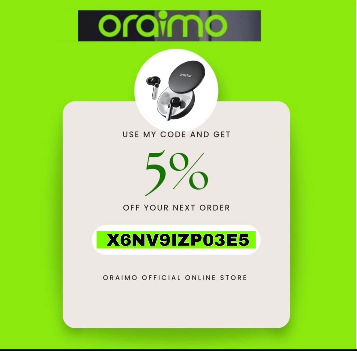n_oloyede's tweet photo. @yabaleftonline Nice one 

While you are here,  use my discount code X6NV9IZP03E5 to Get a 5% DISCOUNT on all your orders on the Oraimo website, also Free delivery on all orders above N15000  
Save the Code and share it with friends...
https://t.co/WyBH6Iatc0 https://t.co/aM7NOERtUR
