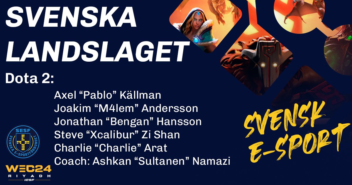 svenskesport's tweet image. Nästa vecka börjar World Esports Championship 2024 i Riyadh och Sverige har kvalificerat in med landslag i tre grenar; Dota 2, CS2 Women och CS2 Open där Sverige är regerande mästare.

De som kommer representera Sverige är: