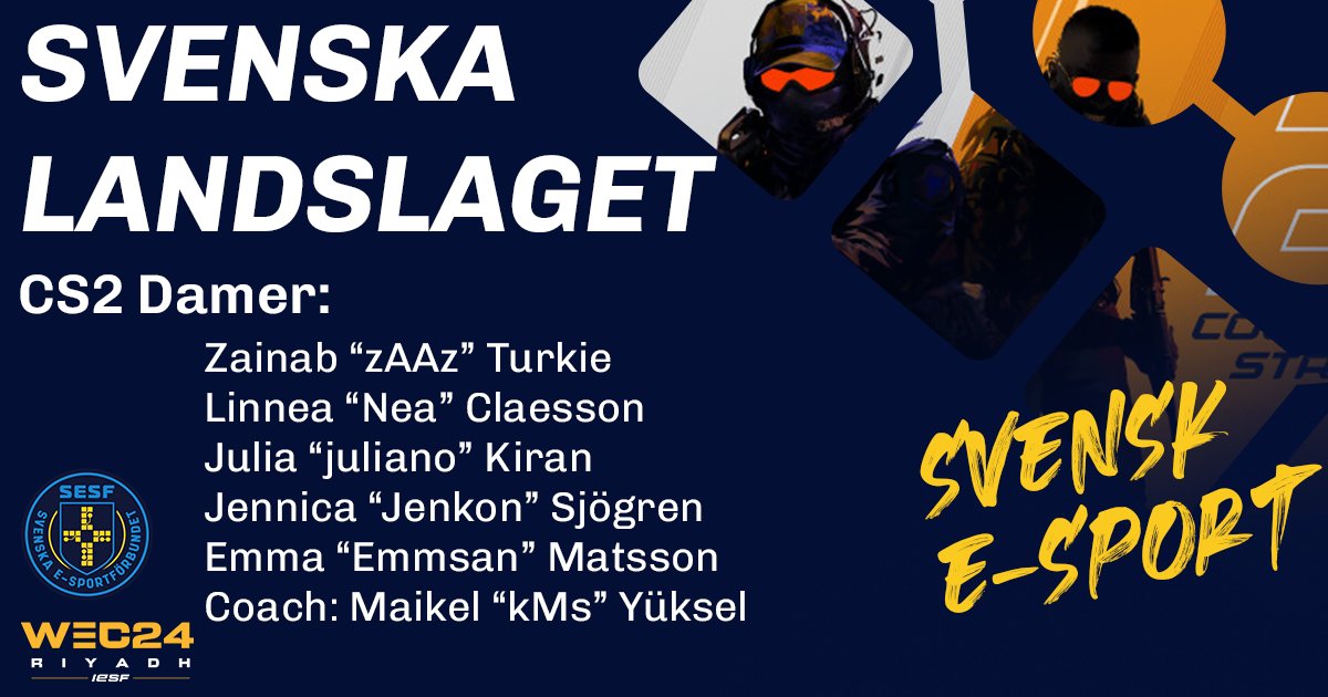 svenskesport's tweet image. Nästa vecka börjar World Esports Championship 2024 i Riyadh och Sverige har kvalificerat in med landslag i tre grenar; Dota 2, CS2 Women och CS2 Open där Sverige är regerande mästare.

De som kommer representera Sverige är:
