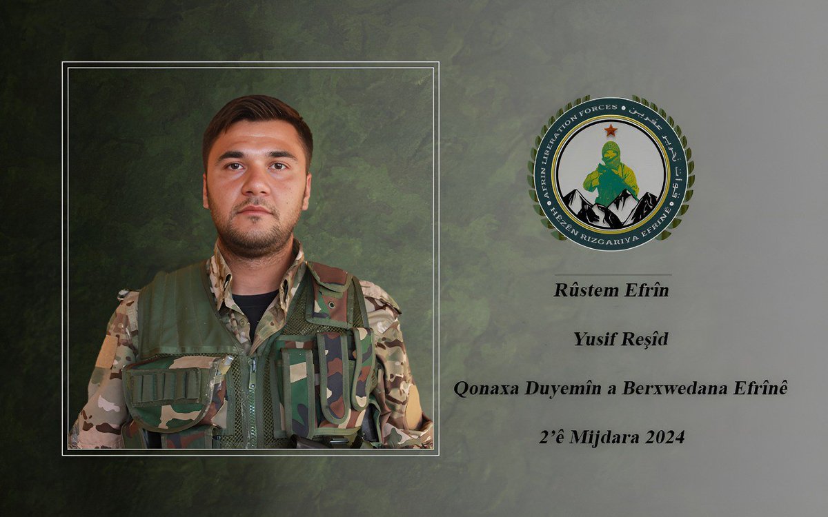 نستذكر رفيقنا رستم عفرين بكل اجلال و احترام

سجل رفيقنا الشهيد كالتالي :
الاسم الحركي : رستم عفرين
الاسم والنسبة : يوسف رشيد
اسم الأم : فيدان
اسم الأب : خليل
مكان وتاريخ الاستشهاد: منطقة عفرين/ 2 نوفمبر2024

قوات تحرير عفرين
5 نوفمبر 2024