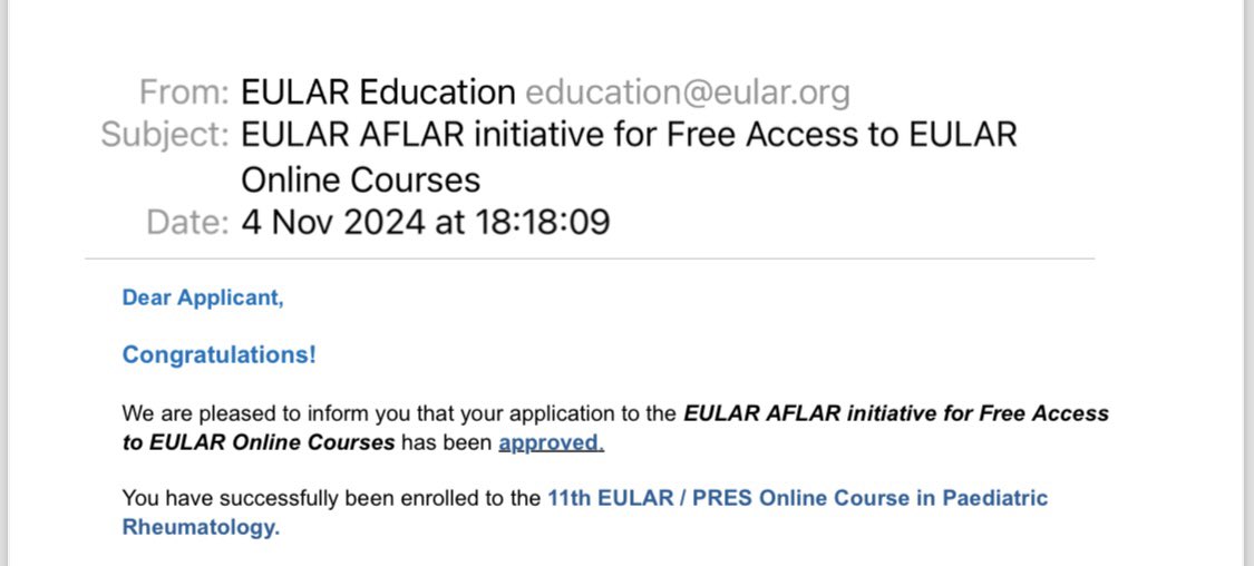 “Excited to receive free access to the 11th EULAR / PRES Pediatric Rheumatology Course through the #EULAR #AFLAR initiative! Thank you <a href="/eular_org/">EULAR</a> for this opportunity to improve care for young patients. #PediatricRheumatology”