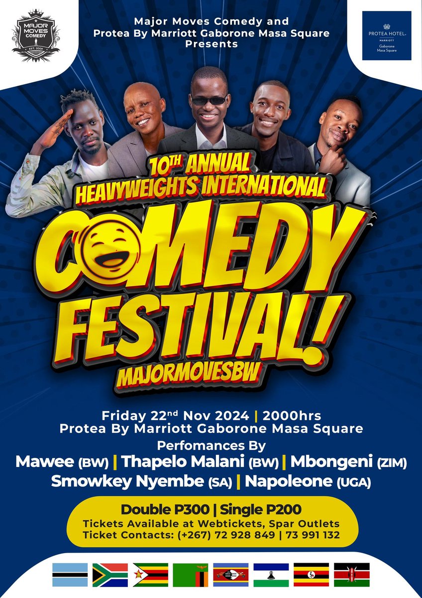 The BIGGEST comedy night is back from the trusted producers of top notch comedy. The 10th Annnual Heavyweights International Comedy Festival @ Masa Hotel. FRIDAY 22 NOV! Tickets available @ Webtickets or Spar 💯