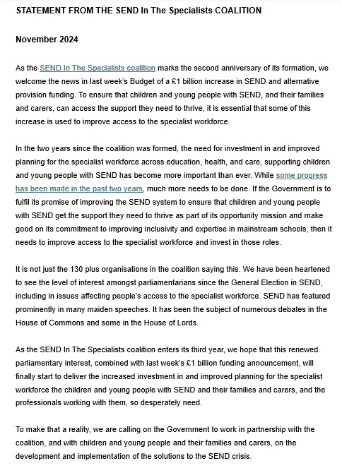 🚨 Following the Budget, the #SENDInTheSpecialists coalition marks its 2nd anniversary, by calling on the Government to work with us, and with children and young people with SEND and their families, to improve access to the specialist workforce.

▶️ rcslt.org/wp-content/upl…