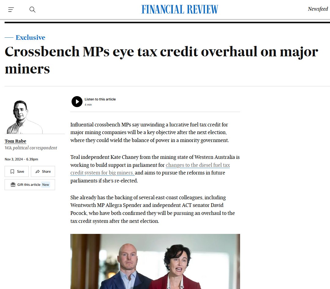 Roderick Campbell (@r_o_d_c) on Twitter photo This might sound boring, but it's a really big deal.
Independent politicians pushing to take $10s of billions of subsidies for mining companies and spend it on public services. #Auspol
Good work <a href="/DavidPocock/">David Pocock</a> <a href="/ChaneyforCurtin/">Kate Chaney</a> <a href="/spenderallegra/">Allegra Spender</a> <a href="/zalisteggall/">🌏 Zali Steggall MP</a> This might sound boring, but it's a really big deal.
Independent politicians pushing to take $10s of billions of subsidies for mining companies and spend it on public services. #Auspol
Good work <a href="/DavidPocock/">David Pocock</a> <a href="/ChaneyforCurtin/">Kate Chaney</a> <a href="/spenderallegra/">Allegra Spender</a> <a href="/zalisteggall/">🌏 Zali Steggall MP</a>