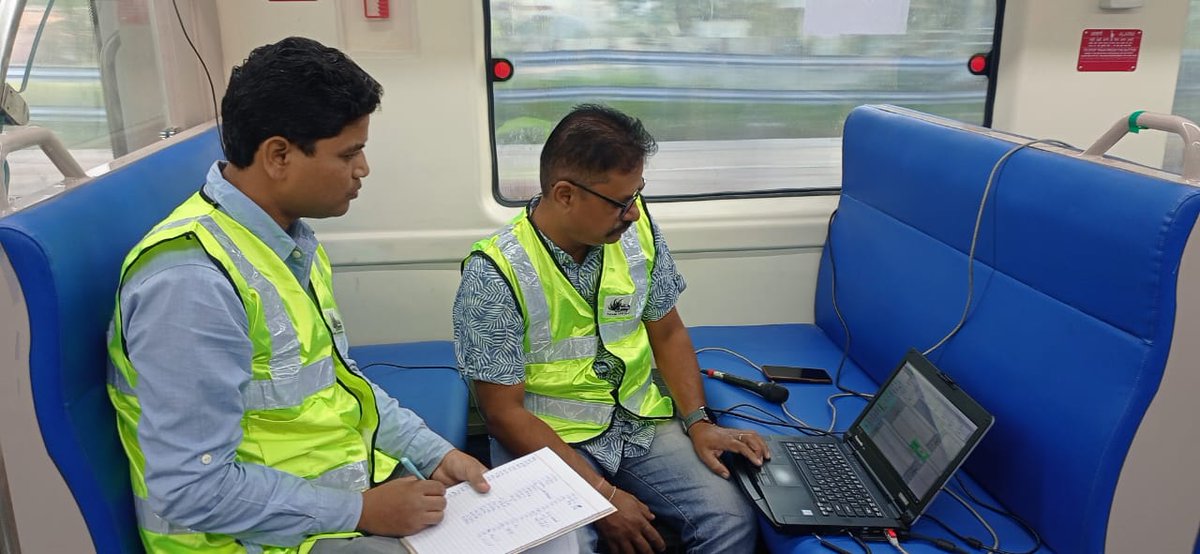 RDSOLucknow's tweet photo. RDSO Team is carrying out COCR trials of the 16 coach Namo Bharat Rapid Rail (NBRR) rake between ADI-MCT. 
The trial is being carried out at an operational speed of 130 kmph, paving the way for speed certification of NBRR rakes at 130 kmph both in 16 coach/ 12 coach configurations. 
@RailMinIndia
#TransformingRailways