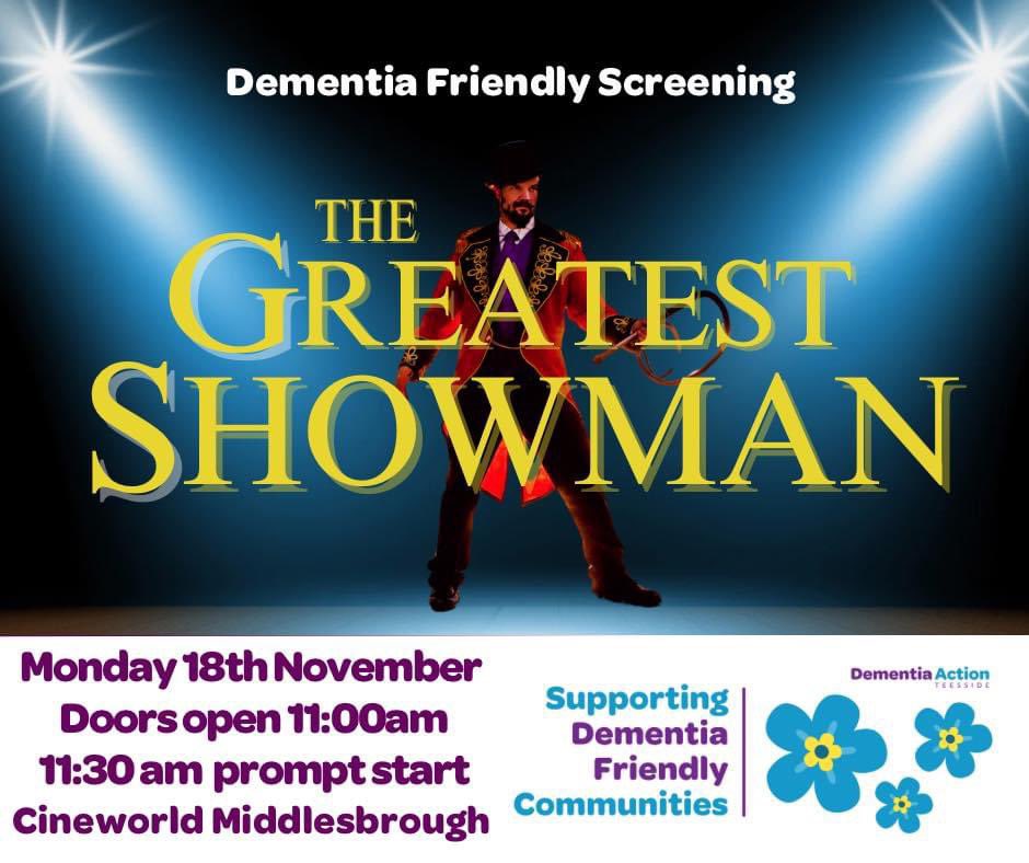 Delighted to announce the <a href="/CineMiddlesbro/">Cineworld M'bro</a> will be hosting a dementia friendly screening on Monday 18th November - the Grestest Showman <a href="/GaryAPhilipson/">Gary Philipson</a> <a href="/Hillstreetshop/">Hillstreet</a> <a href="/MFCFoundation/">MFC Foundation</a> <a href="/Arthaus1989/">Arthaus Gallery</a> <a href="/simoncartersing/">Simon Carter</a> <a href="/TeessideMind/">Teesside Mind</a>