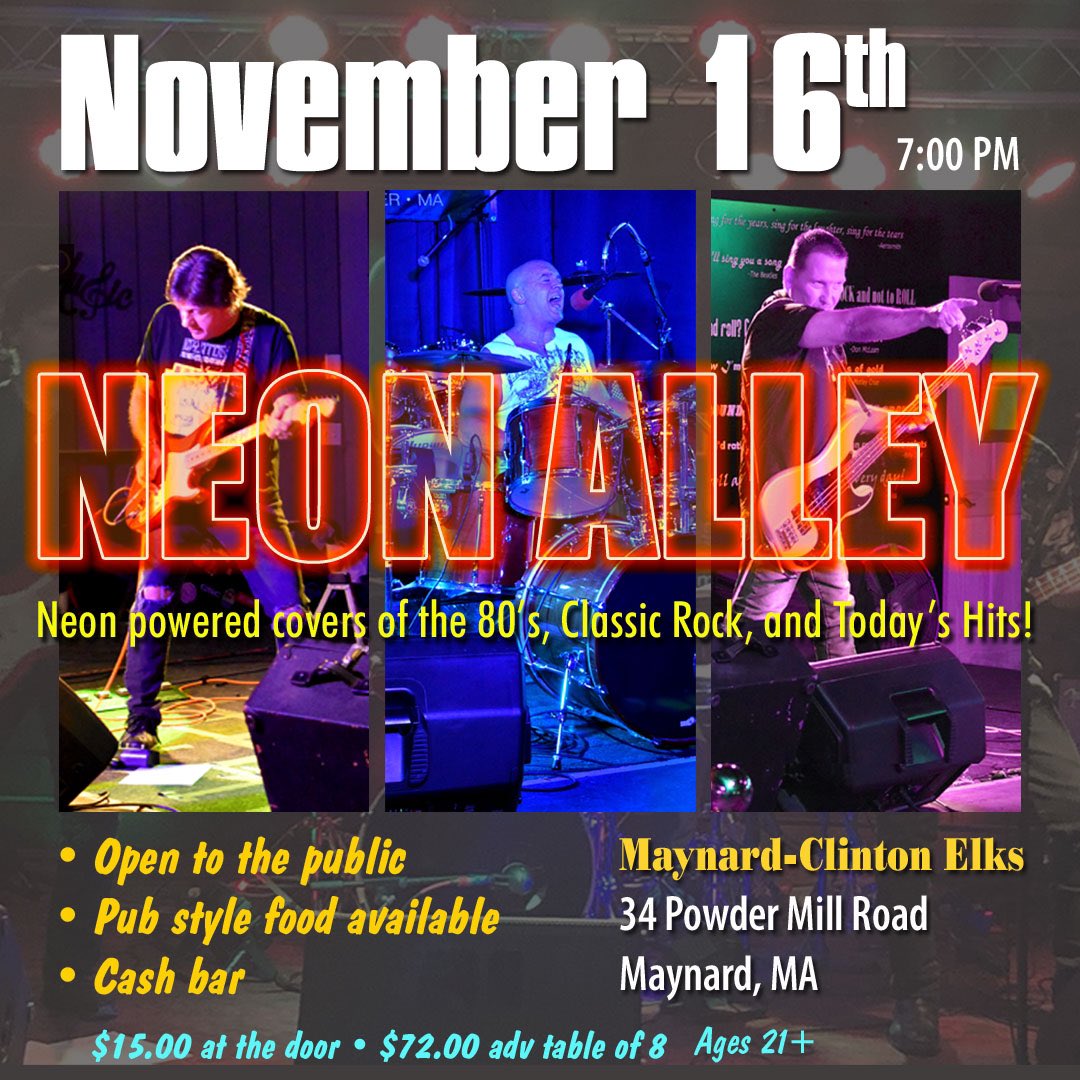 NeonAlleyBand's tweet photo. Neon Alley at The Maynard-Clinton Elks. ๐ธawesome 80's, Classic Rock covers, a few Neon Alley tunes too! early start - 7:00 PM. Come for dinner, stay to dance!
#neonalley #neonalleyband #maynardelks
#maynardma #dance #dancing #nightout #datenight #massachusetts #rock #80smusic https://t.co/MtvXE05Rk4