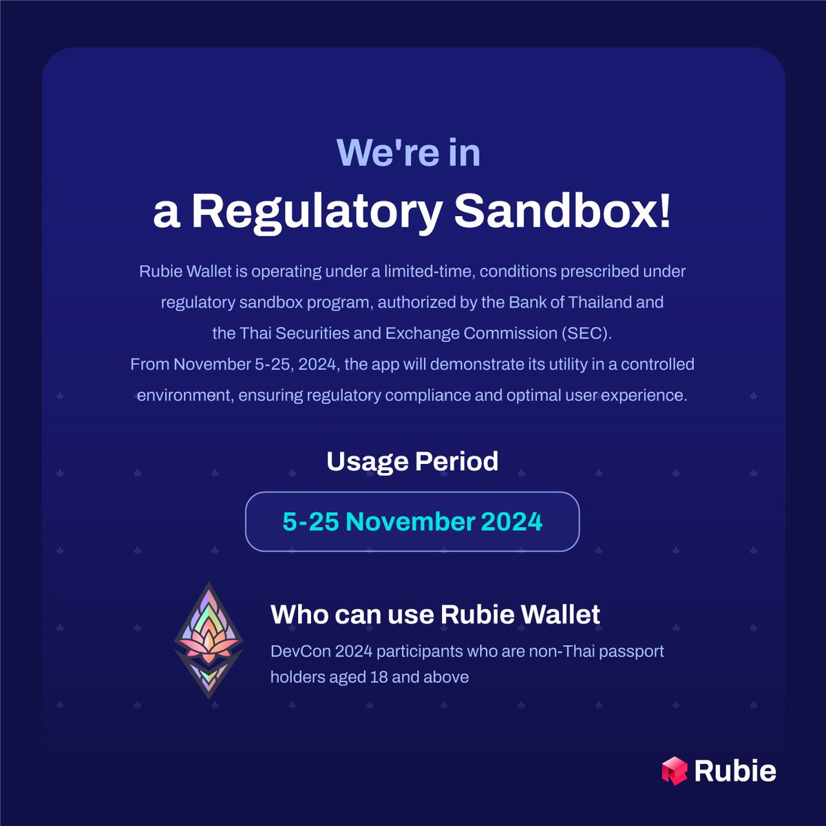 Huge shoutout to <a href="/SCB10X_OFFICIAL/">SCB 10X</a> and the <a href="/rubie_io/">Rubie Wallet</a> team here to make crypto-native payments easier for everyone visiting Thailand for @efdevcon this year. 

The team at <a href="/rubie_io/">Rubie Wallet</a> has been working hard this year, to get the buy-in, regulatory clearance, and then ship an awesome
