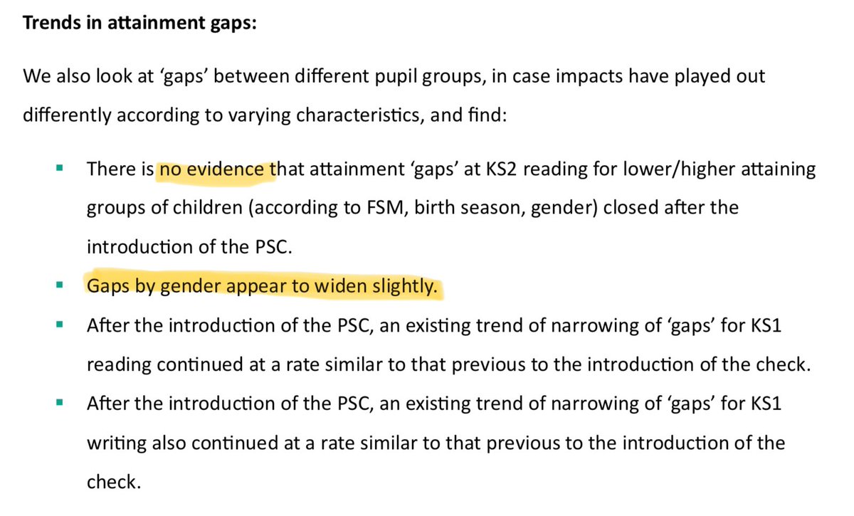 *Breaking News*

Education Policy Institute finds phonics check not only has no impact on reading attainment gaps, but widens gender gap slightly.

Calls for government to review the check.

Full report here 👇
epi.org.uk/wp-content/upl…