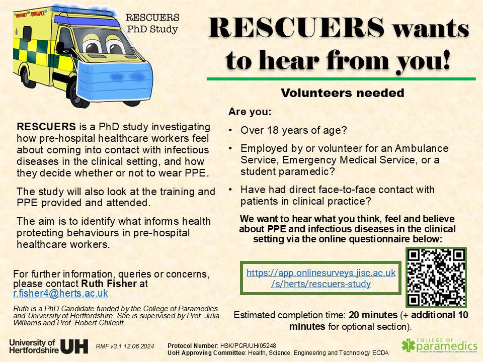 Julia Williams (@drjuliawilliams) on Twitter photo Can you help <a href="/RuthF_MCPara/">Ruth Fisher</a> with PhD work as she approaches the final week of data collection. Please participate and also retweet if you can as it’s open to volunteers, employed staff and student paramedics.
app.onlinesurveys.jisc.ac.uk/s/herts/rescue…
Many thanks
<a href="/ParamedicsUK/">College of Paramedics</a> <a href="/UKSPC/">UK Student Paramedic Conference</a> <a href="/IPERN999/">Irish Paramedicine Education & Research Network</a> Can you help <a href="/RuthF_MCPara/">Ruth Fisher</a> with PhD work as she approaches the final week of data collection. Please participate and also retweet if you can as it’s open to volunteers, employed staff and student paramedics.
app.onlinesurveys.jisc.ac.uk/s/herts/rescue…
Many thanks
<a href="/ParamedicsUK/">College of Paramedics</a> <a href="/UKSPC/">UK Student Paramedic Conference</a> <a href="/IPERN999/">Irish Paramedicine Education & Research Network</a>