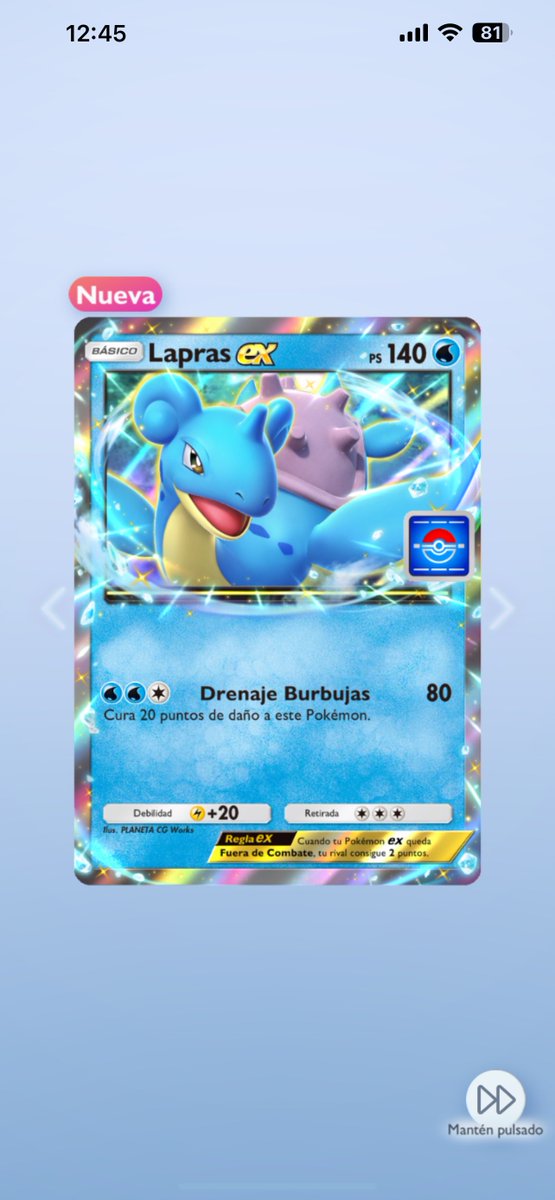 pablizho's tweet photo. Ya me salió la #LaprasEX en mi primeros sobres del evento. ✨🌊💦
#pokemon #PokemonTCGPocket #Lapras https://t.co/sRHVlC5G3M