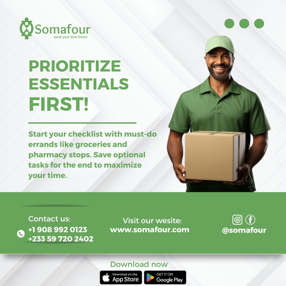 somafour's tweet image. Plan Your Day Like a Pro! 
Start with essentials like groceries and pharmacy stops, and save the optional errands for later. Let Somafour help you make the most of your time! 
#Somafour #prioritizeessentials #errandsolutions