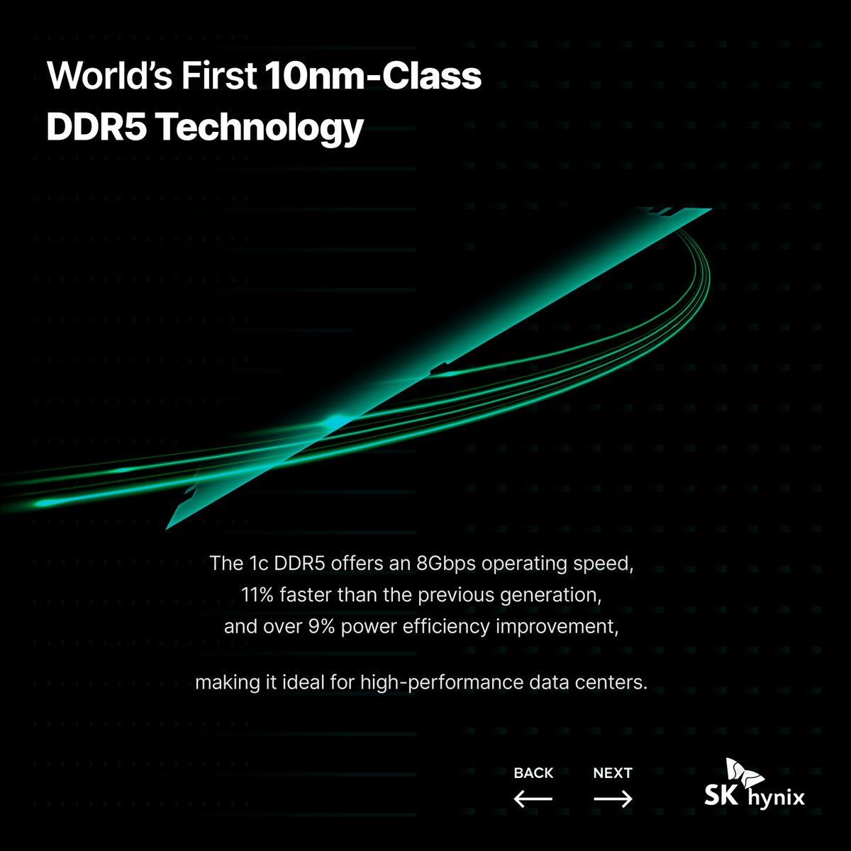 SKhynix's tweet photo. Recently showcased at TSMC OIP: @SKhynix ’s groundbreaking 10nm-class 6th gen 1c #DDR5 DRAM! 
 
Speeds up to 8Gbps, 11% faster, 9% more power-efficient, slashing data center costs by up to 30%.

Continuously pushing the envelope in tech innovation!
 
#DRAM #DateCenter #1cnm https://t.co/ExeAKWkDOa