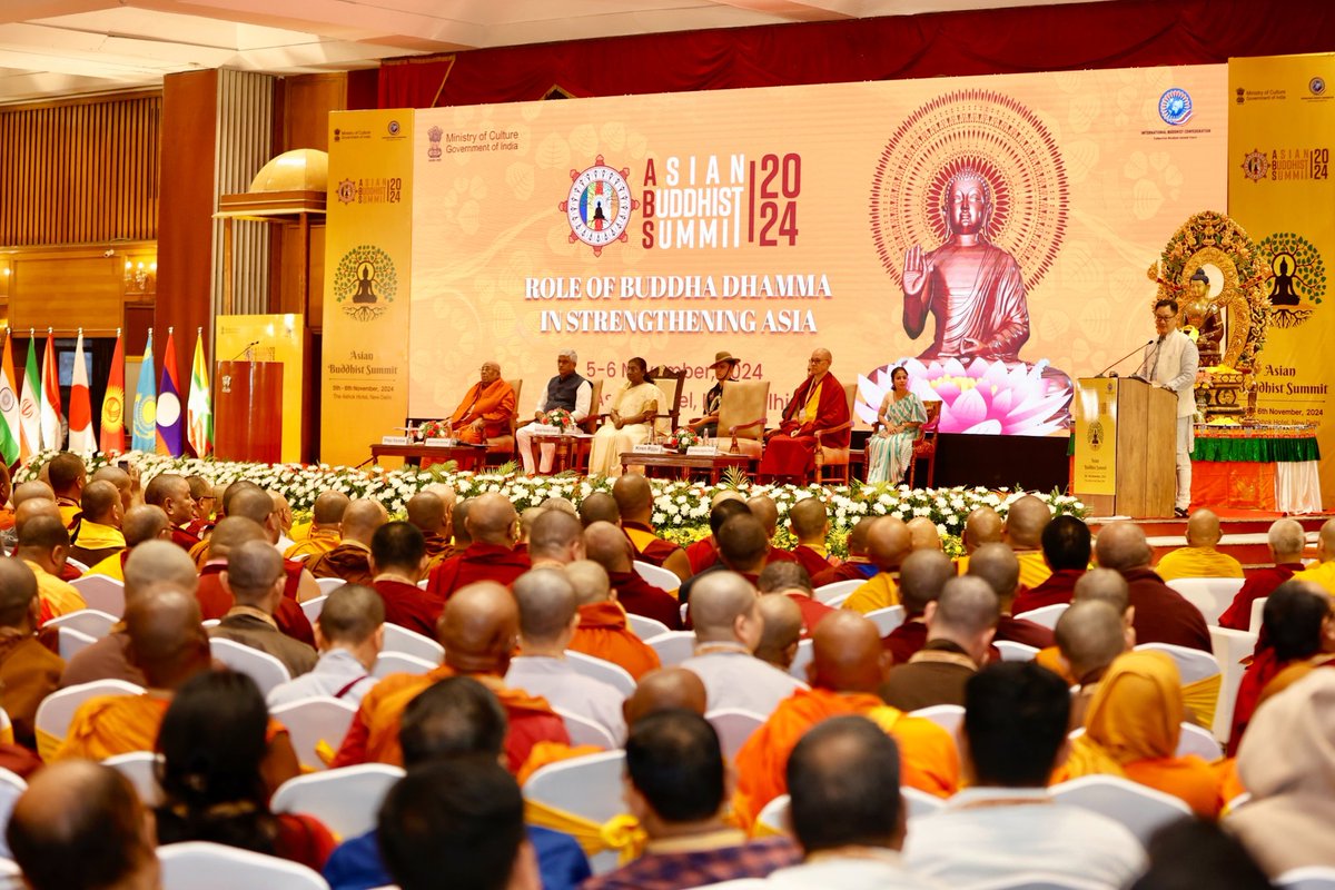 RijijuOffice's tweet photo. Hon'ble Union Minister of Parliamentary Affairs & Minority Affairs Shri @KirenRijiju ji graced the First Asian Buddhist Summit 2024 in New Delhi, an event inaugurated by Hon'ble President Smt Droupadi Murmu ji. 
Joined by Hon'ble Union Minister Shri @gssjodhpur ji & revered Sangha leaders from across Asia, the summit brought together voices committed to peace, compassion & mutual understanding. 
Embracing the teachings of Lord Buddha, this gathering reflects India's role in nurturing bonds of harmony that transcend borders.

@rashtrapatibhvn
@MinOfCultureGoI
@IbcWorldOrg

 #FirstAsianBuddhistSummit