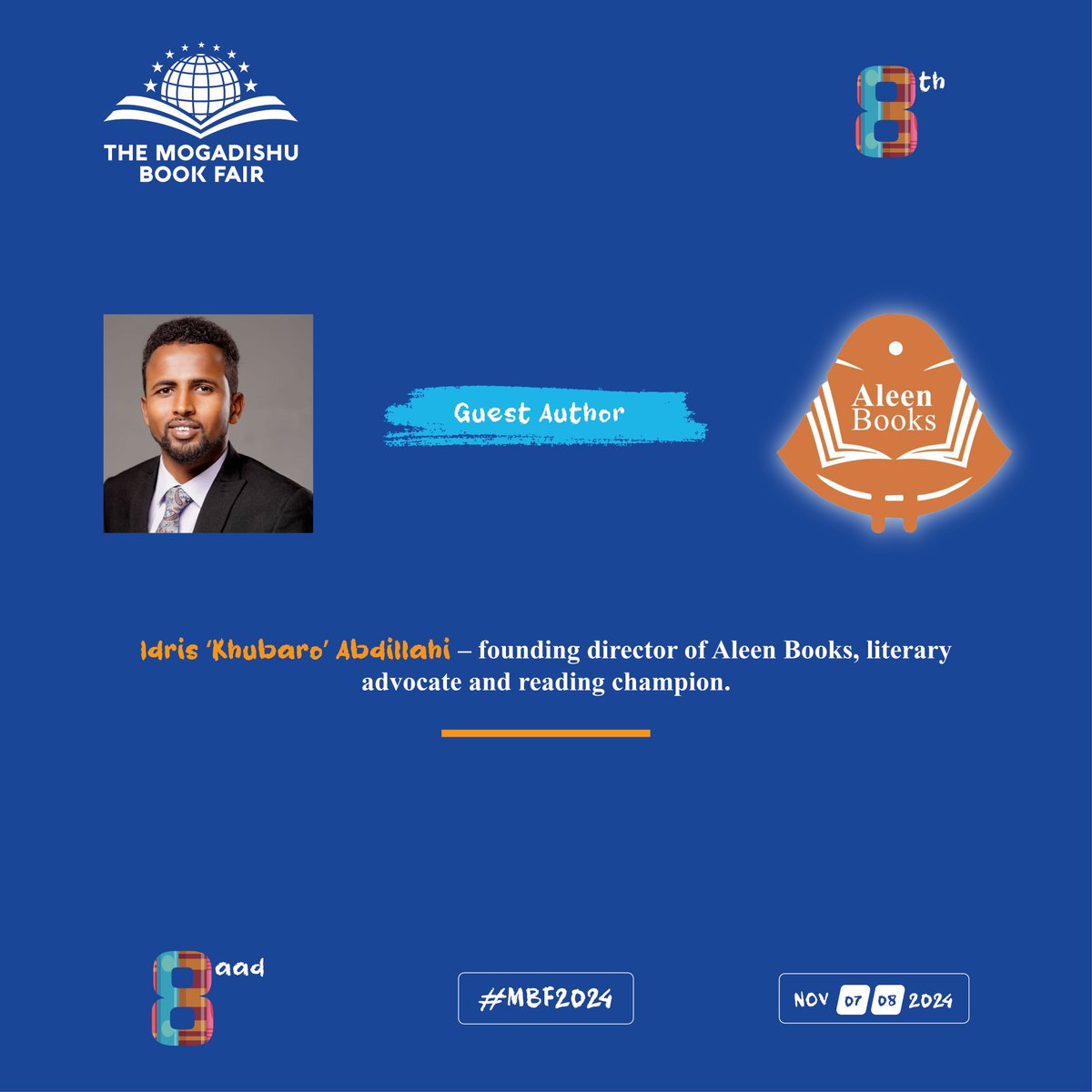 #MBF2024 guests: Bashir Suuley (<a href="/BashiirSuuley/">Bashiir Suuley</a>) is a university lecturer and co-founder of the Galkayo Peace Week (<a href="/GLKPW/">Galkayo Peace Week</a>) and author of "Hillaacii Lagu Hungoobay" (2016). 

Idris 'Khubaro' Abdillahi promotes reading for pleasure and access to reading centers. He is the managing