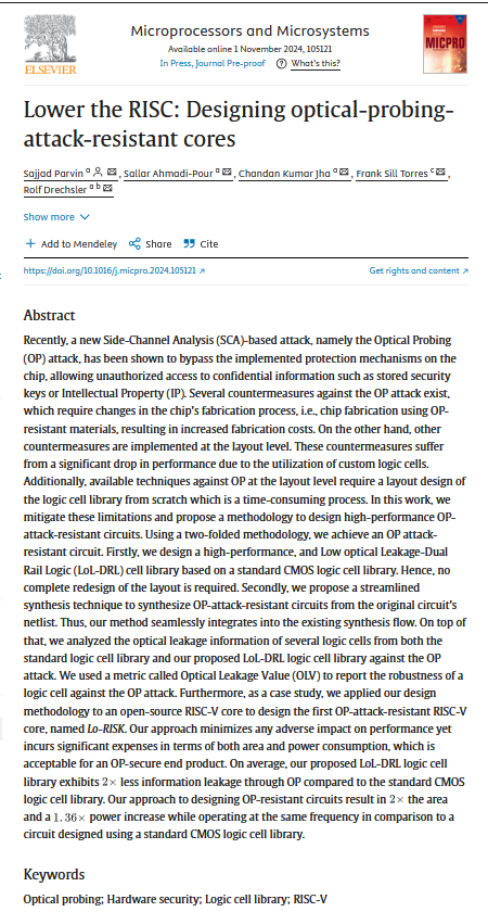 Rolf Drechsler (@rolf_drechsler) on Twitter photo Our paper in Microprocessors and Microsystems (#MICPRO) on "Lower the RISC: Designing optical-probing-attack-resistant cores" is available #online sciencedirect.com/science/articl… <a href="/agra_uni_bremen/">AGRA Uni Bremen</a> <a href="/DSC_unibremen/">Data Science Center (@dsc_bremen@wisskomm.social)</a> <a href="/risc_v/">RISC-V International</a> #riscv <a href="/SstuParstu/">Sajjad Parvin</a> #OptiSecure #OnESecure #NanoSecurity <a href="/dfg_public/">DFG public | @dfg_public@wisskomm.social</a> Our paper in Microprocessors and Microsystems (#MICPRO) on "Lower the RISC: Designing optical-probing-attack-resistant cores" is available #online sciencedirect.com/science/articl… <a href="/agra_uni_bremen/">AGRA Uni Bremen</a> <a href="/DSC_unibremen/">Data Science Center (@dsc_bremen@wisskomm.social)</a> <a href="/risc_v/">RISC-V International</a> #riscv <a href="/SstuParstu/">Sajjad Parvin</a> #OptiSecure #OnESecure #NanoSecurity <a href="/dfg_public/">DFG public | @dfg_public@wisskomm.social</a>