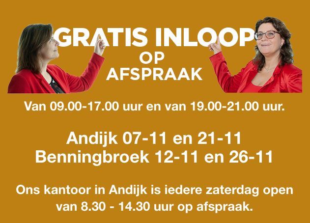 𝐊𝗢𝗠 𝗢𝗠 '𝗡 𝗞𝗢𝗣𝗣𝗜𝗘 𝗕𝗜𝗝 𝗗𝗘 𝗡𝗢𝗧𝗔𝗥𝗜𝗦 
Gratis advies van de notaris? Maak snel een afspraak om zeker te zijn van een plekje.
☕️  Andijk: 7 november en 21 november | iedere zaterdag 
☕️  Benningbroek: 12 november en 26 november
