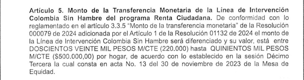 lauc9881's tweet photo. Sr @GustavoBolivar soy beneficiaria del programa colombo sin hambre y no he podido cobrar el dinero pero me sorprende que no se este cumpliendo lo especificado en la resolución que regula este programa ¿se está perdiendo el dinero? Solo me van a pagar 133.000 @ProsperidadCol https://t.co/nCRRnpKCOC