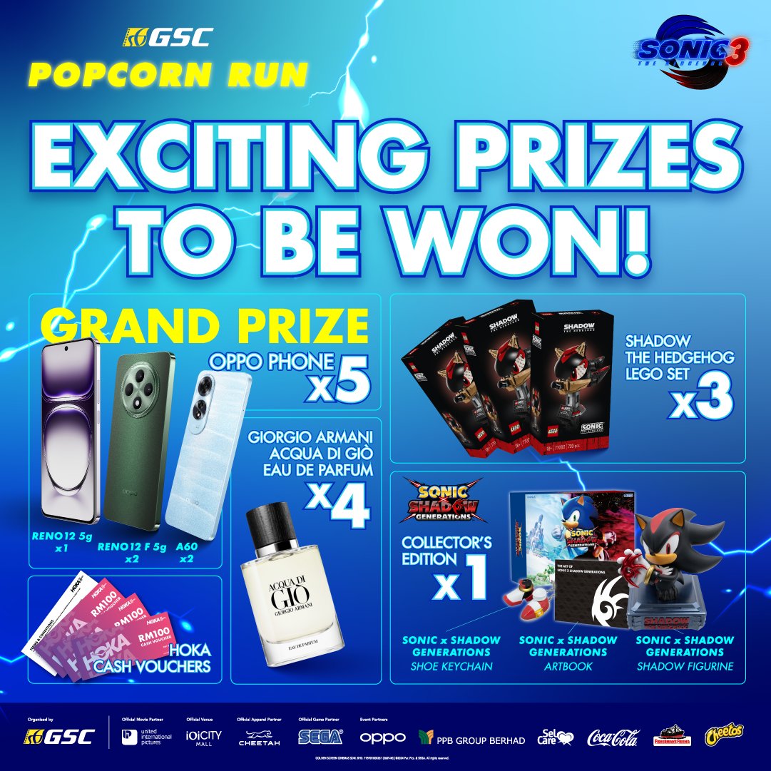 GSCinemas's tweet photo. A massive shoutout to all the amazing brands and partners who made #GSCPopcornRun 2024 possible! 🎉🥳 Your support means everything! 🫶👏🥹

Get ready for epic prizes to be won and a day packed with fun! 🏃🍿 Don’t miss out—see you at IOI City Mall, Putrajaya, on 1 Dec! ✨🔥

#GSCPopcornRun2024 #Sonic3 #SonicMovie #SonicTheHedgehog3 #MarathonRun @OPPOMalaysia  @CheetahMY  @LEGO_Group  @FishermanFriendsMY @hoka   @SelcareMY @GiorgioArmaniRP  @CocaCola  @SEGA  @SonicMovie  @ChesterCheetah  @MameeMY @corntozmalaysia  @MeadowFreshMY