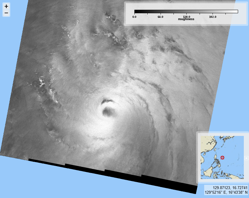CYMS Cyclone Monitoring Service by Sentinel-1 (@cyms_s1) on Twitter photo Typhoon #Yinxing, east of Philippines. <a href="/ESA_EO/">ESA Earth Observation</a> acquisitions on 2024/11/04 on 21:21 UTC, for #2024SHOC from <a href="/CopernicusEU/">Copernicus EU</a> #Sentinel1 A. Max sustained wind velocities (left) just over 50 m/s, derived from SAR sea surface roughness (right). Typhoon #Yinxing, east of Philippines. <a href="/ESA_EO/">ESA Earth Observation</a> acquisitions on 2024/11/04 on 21:21 UTC, for #2024SHOC from <a href="/CopernicusEU/">Copernicus EU</a> #Sentinel1 A. Max sustained wind velocities (left) just over 50 m/s, derived from SAR sea surface roughness (right).