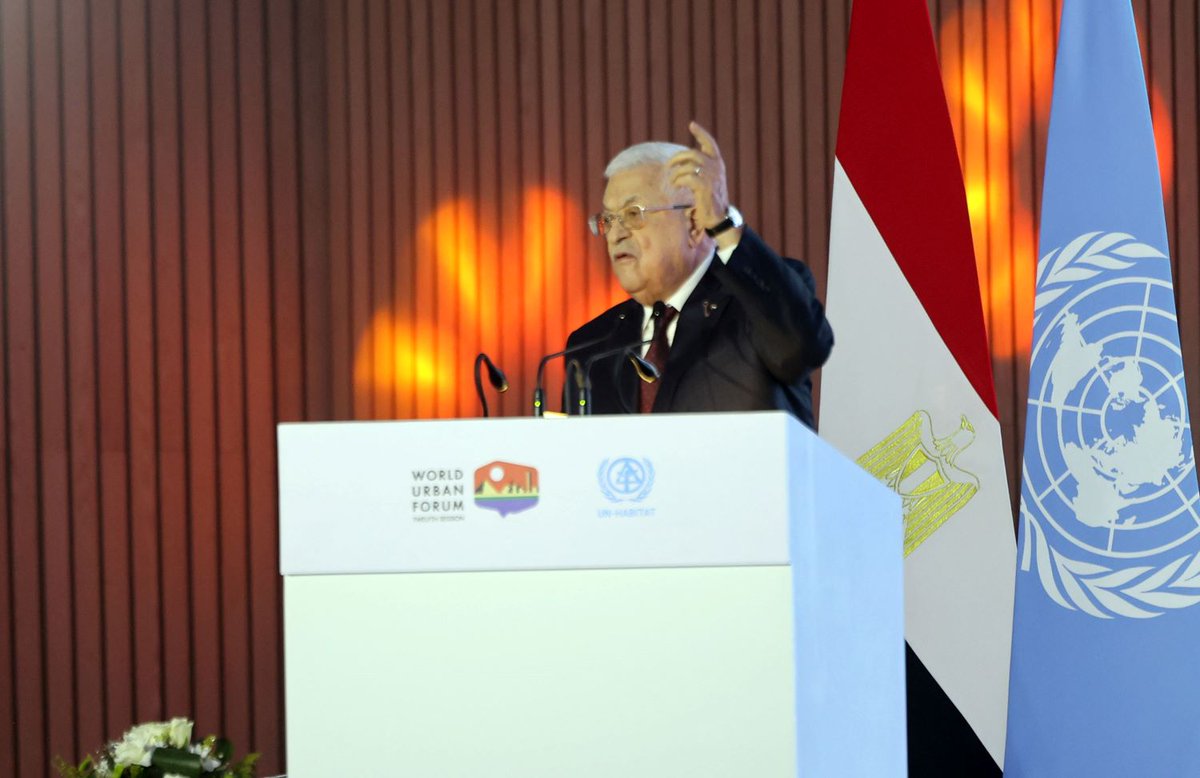 WAFANewsEnglish's tweet photo. President Mahmoud Abbas delivers a speech at the 12th session of the World Urban Forum in Cairo, emphasizing that the Israel significantly hinders sustainable urban development across more than 60% of the West Bank and throughout East Jerusalem.

PHOTOS: Thaer Ghanayem/WAFA https://t.co/96G2sEBHIF