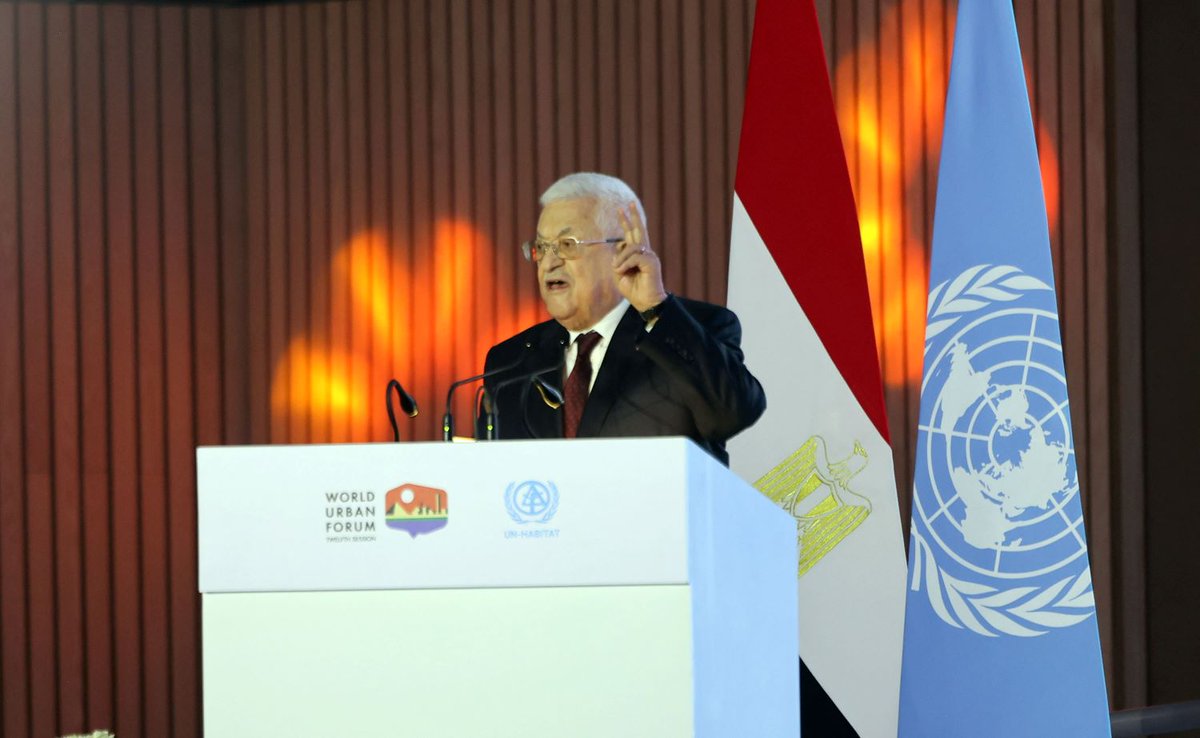 WAFANewsEnglish's tweet photo. President Mahmoud Abbas delivers a speech at the 12th session of the World Urban Forum in Cairo, emphasizing that the Israel significantly hinders sustainable urban development across more than 60% of the West Bank and throughout East Jerusalem.

PHOTOS: Thaer Ghanayem/WAFA https://t.co/96G2sEBHIF