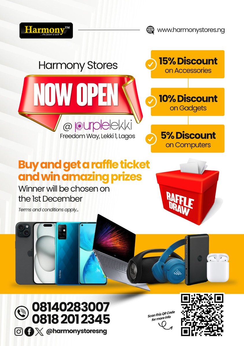 HarmonyStoresNG's tweet photo. 🚀HARMONY STORES GRAND OPENING 🎉
We’re thrilled to announce the grand opening of https://t.co/3AOIl5MnJ6 at @purplelekki! Step into a world where cutting-edge technology meets modern convenience.
#harmonystoresng #harmonygroupng #thefutureistech #jabilakemall https://t.co/lsnFIL3zuV