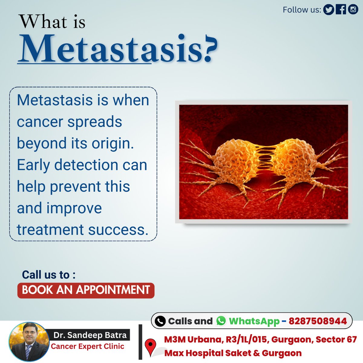 YOURONCOLOGIST's tweet image. What is Metastasis❓
Metastasis is when cancer spreads beyond its origin. Early detection can help prevent this and improve treatment success.

👨‍⚕️Dr. Sandeep Batra
Consultant:- Cancer Expert
Contact us at 📲8287508944

#Drsandeepbatra #Cancerexpert #cancersupport #metastasis