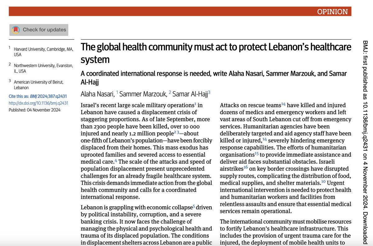 Israel's unprecedented attack on Lebanese civilians and rescue teams has resulted in substantial casualties, with extensive injuries, deaths and displacement. Urgent global action is needed to protect Lebanon healthcare system. My latest commentary in BMJ: bit.ly/3UEqBom